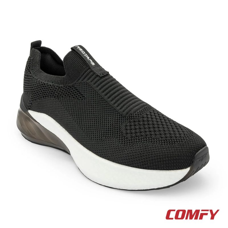 Black ETPU men's walking slip-on shoe with white midsole and heel cushion.