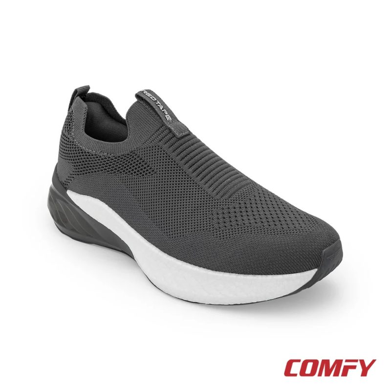 Grey ETPU men's walking slip-on shoe with breathable knitted upper and cushioned white sole.