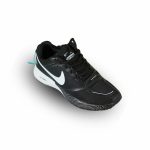 Side profile of a black Nike Zoom running shoe with a white swoosh, white midsole, and breathable mesh upper on white.