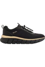 Lateral side profile of Bench black slip-on trainer with gold trim stripe and textured midsole.