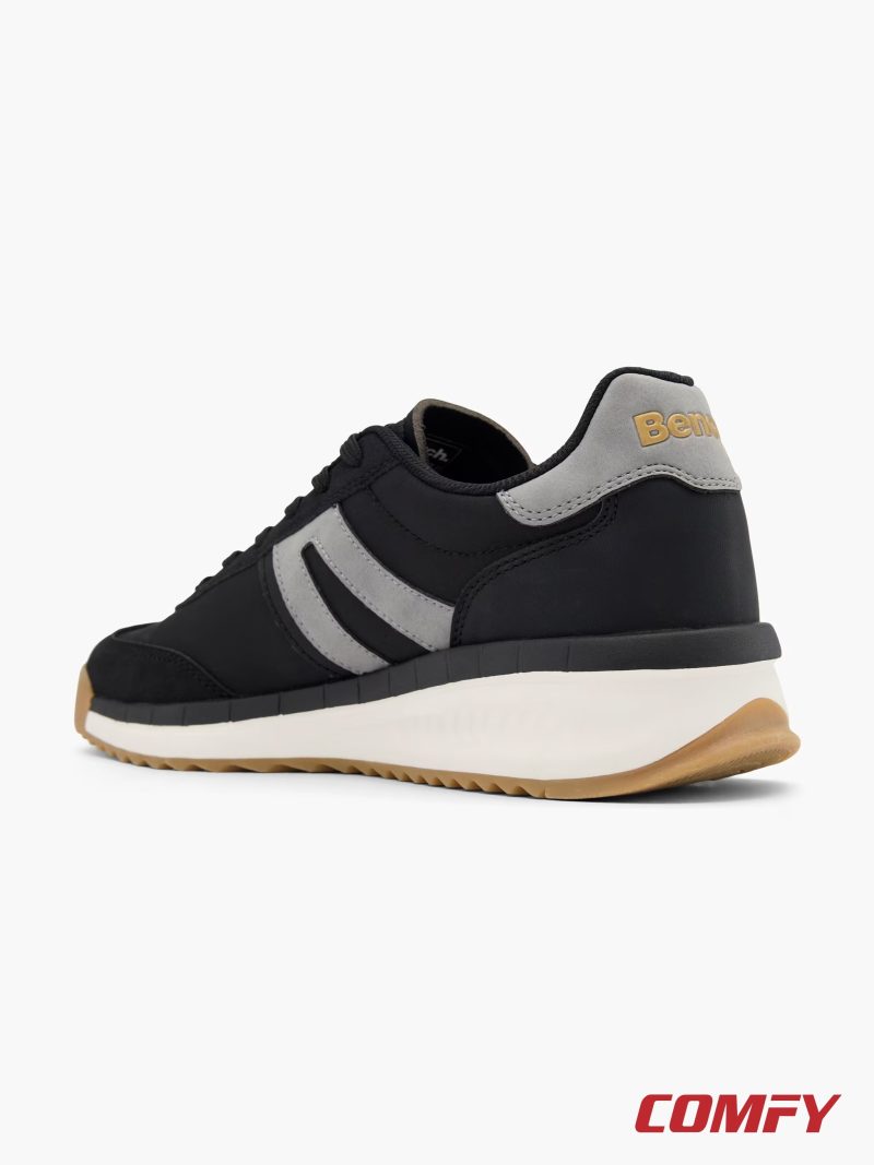 Rear view of Bench men's black sneakers showing the grey heel counter and gold branding.