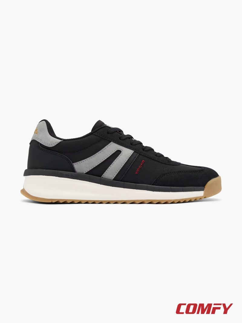 Side view of Bench men's black sneakers with grey accents and a white midsole.