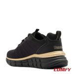 Heel view of Bench black slip-on trainer featuring gold logo branding and gold midsole stripe.