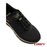 Top view of Bench black trainer showing quick-adjust elastic toggle laces and breathable mesh fabric.
