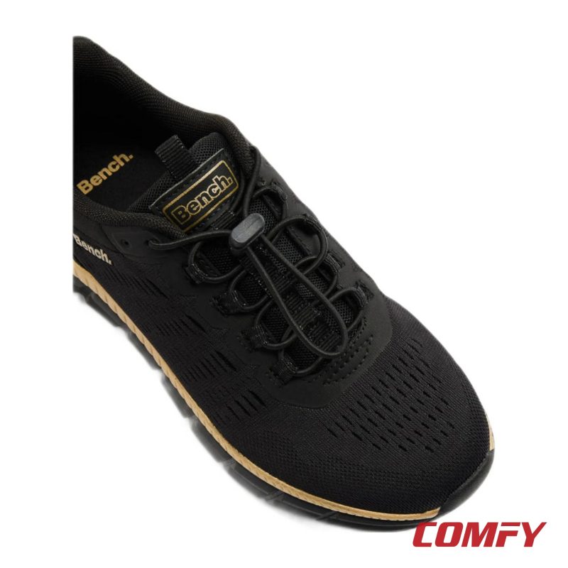 Top view of Bench black trainer showing quick-adjust elastic toggle laces and breathable mesh fabric.