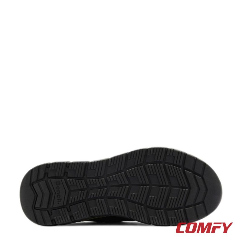 Underside outsole view of Bench black sneaker showcasing textured rubber grip and tread design.