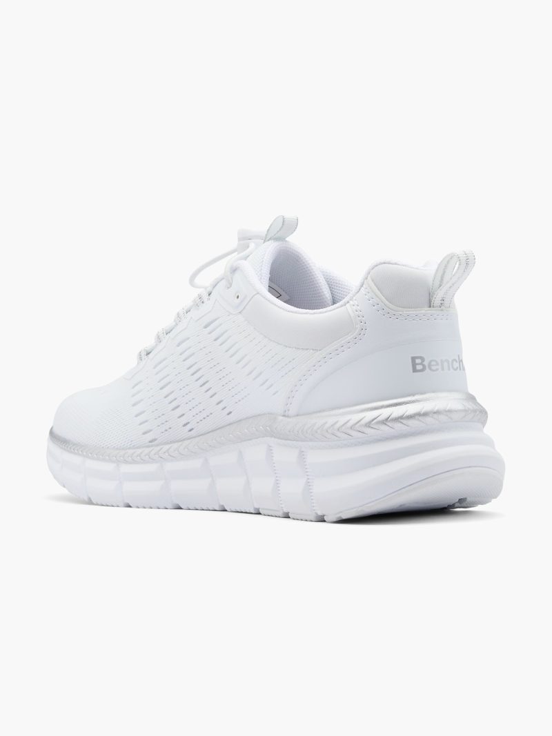 Rear view of the Bench White Slip-On Trainer highlighting the branded heel and silver trim.