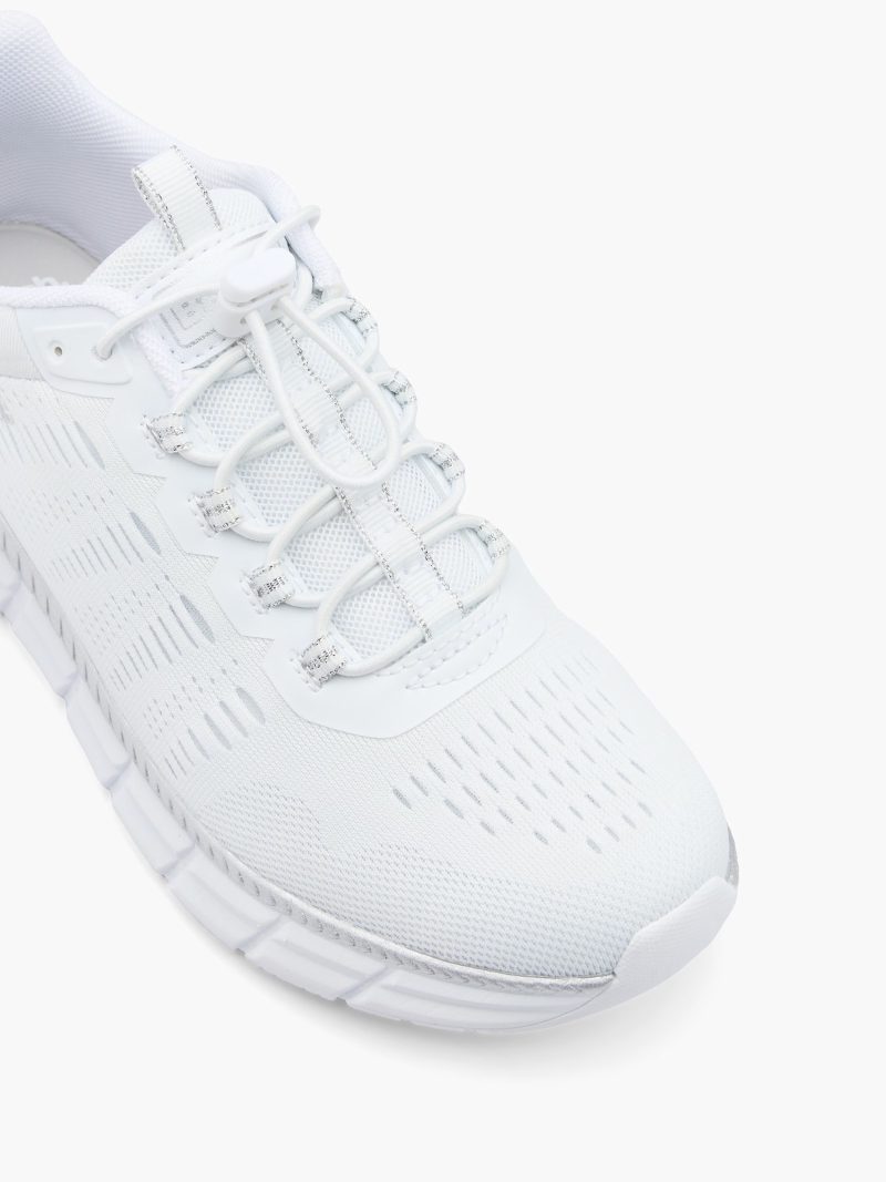 Close-up of the toggle speed-lace system on the Bench White Slip-On Trainer.