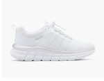 Side view of Bench White Slip-On Trainer featuring white mesh upper and thick white sole with silver accent.