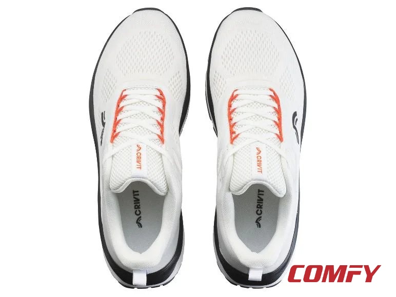 Top-down view of Crivit men's lightweight breathable running shoes in white.