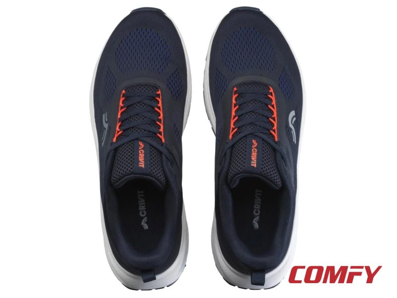 Top view of Crivit men's lightweight breathable running shoes in navy blue.
