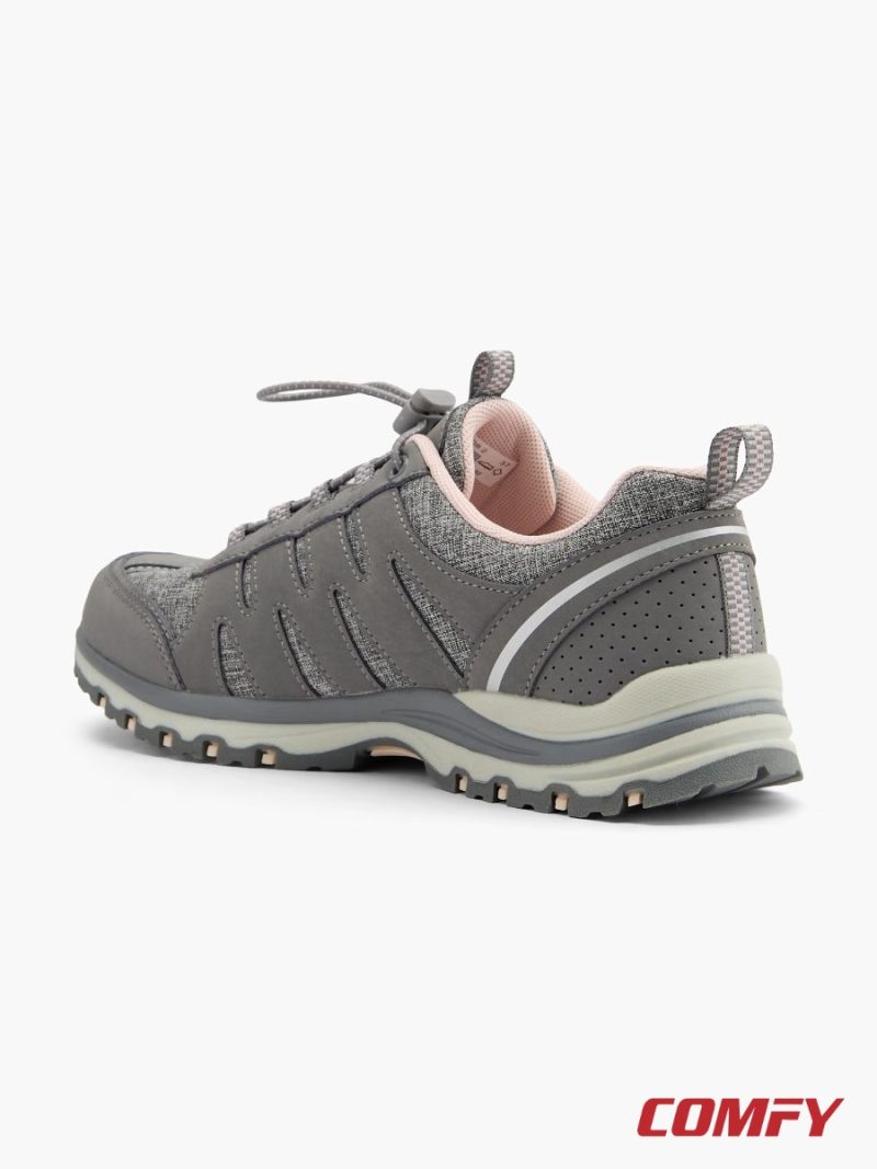 Rear view of grey outdoor grip sneaker showing reinforced heel counter and pull tab.
