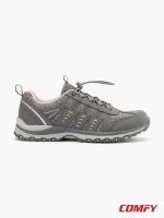 Side view of grey Highland Creek walking shoes with pink trim and rugged sole.