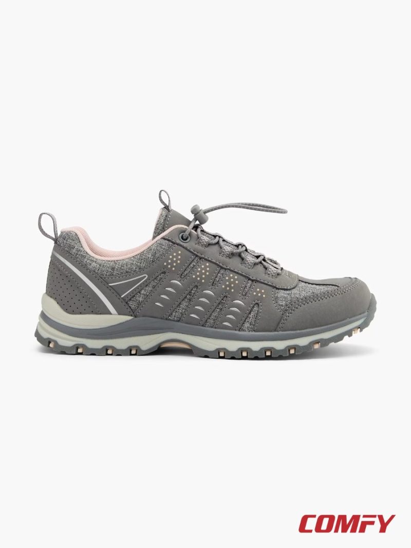Side view of grey Highland Creek walking shoes with pink trim and rugged sole.