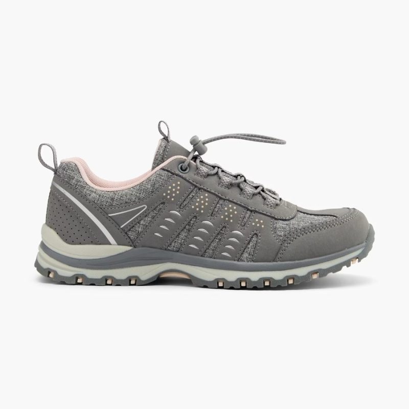 Side view of grey Highland Creek walking shoes with pink trim and rugged sole.