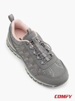 Top-down view of grey Highland Creek walking shoes showing quick-laces and pink collar.