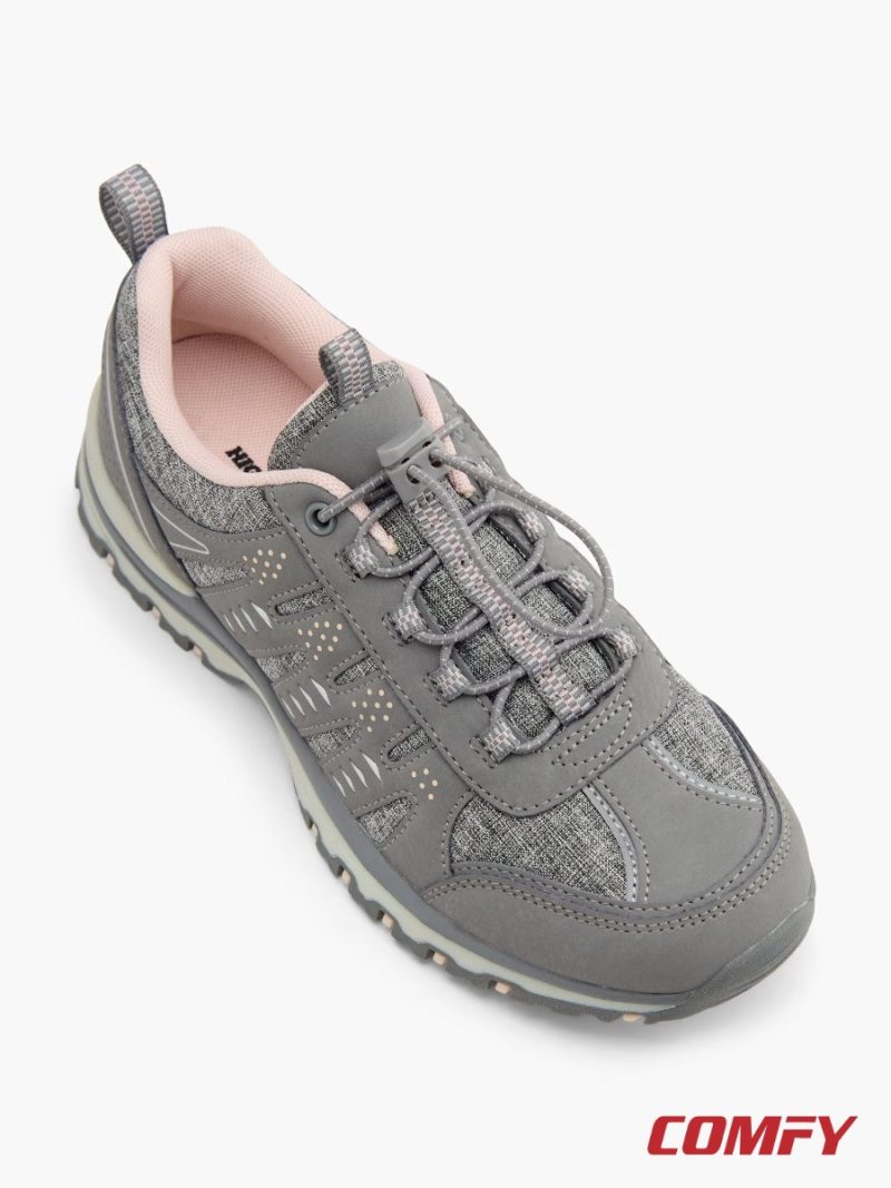 Top-down view of grey Highland Creek walking shoes showing quick-laces and pink collar.