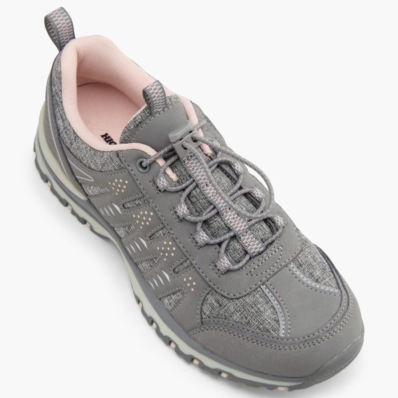 Top-down view of grey Highland Creek walking shoes showing quick-laces and pink collar.