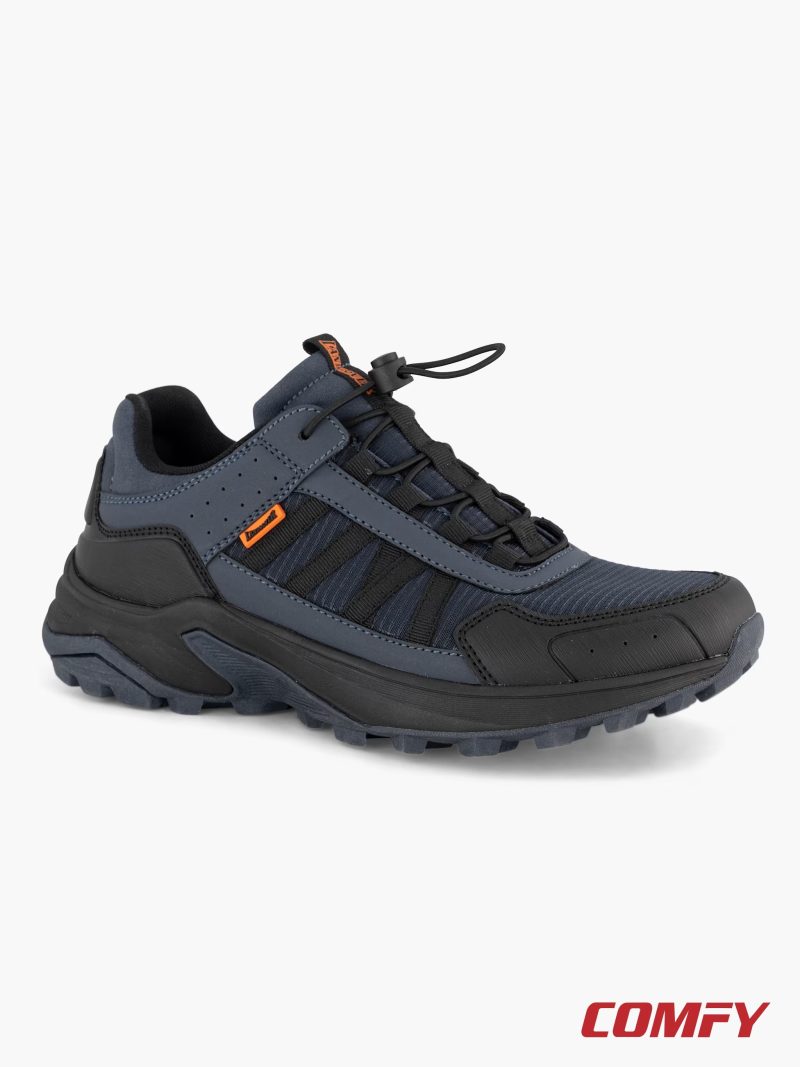 Angled front-side view of Landrover men's outdoor low-cut shoe in navy blue.