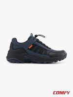 Side profile of Landrover men's outdoor low-cut shoe in navy blue with orange accents.