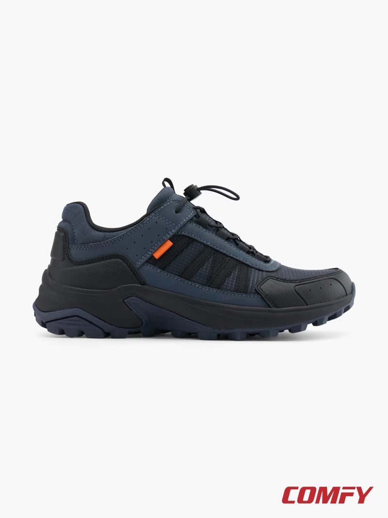 Side profile of Landrover men's outdoor low-cut shoe in navy blue with orange accents.