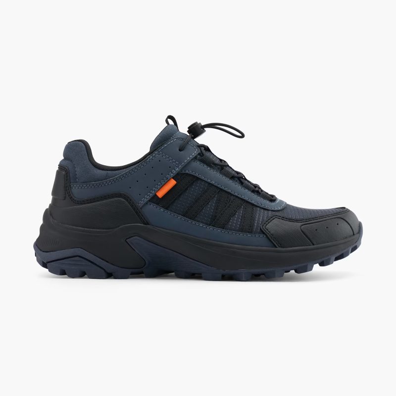 Side profile of Landrover men's outdoor low-cut shoe in navy blue with orange accents.