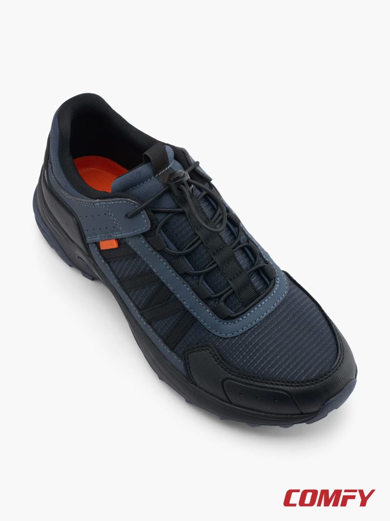 Overhead view of Landrover men's outdoor low-cut shoe showing speed laces and orange footbed.