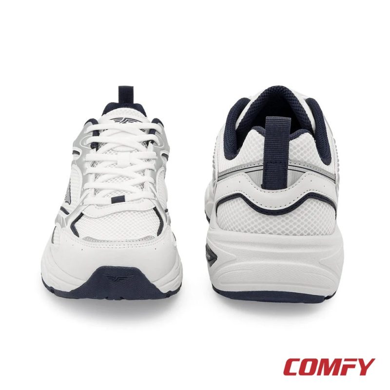 Front lace-up view and heel view of the white and navy Red Tape casual shoes.