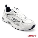 Red Tape men's casual white shoe with navy details and silver overlays in a perspective view.