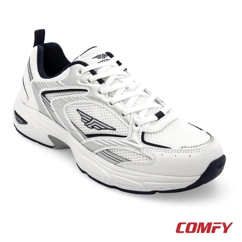 Red Tape men's casual white shoe with navy details and silver overlays in a perspective view.