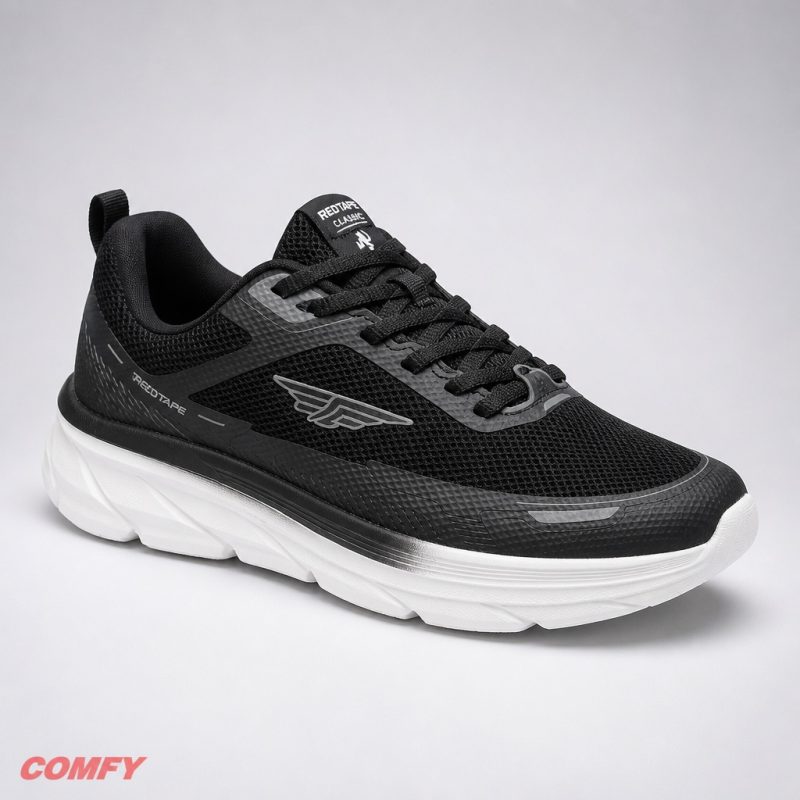 Red Tape Classic Men's Running Sneaker in black and white, featuring a chunky sole and mesh upper.