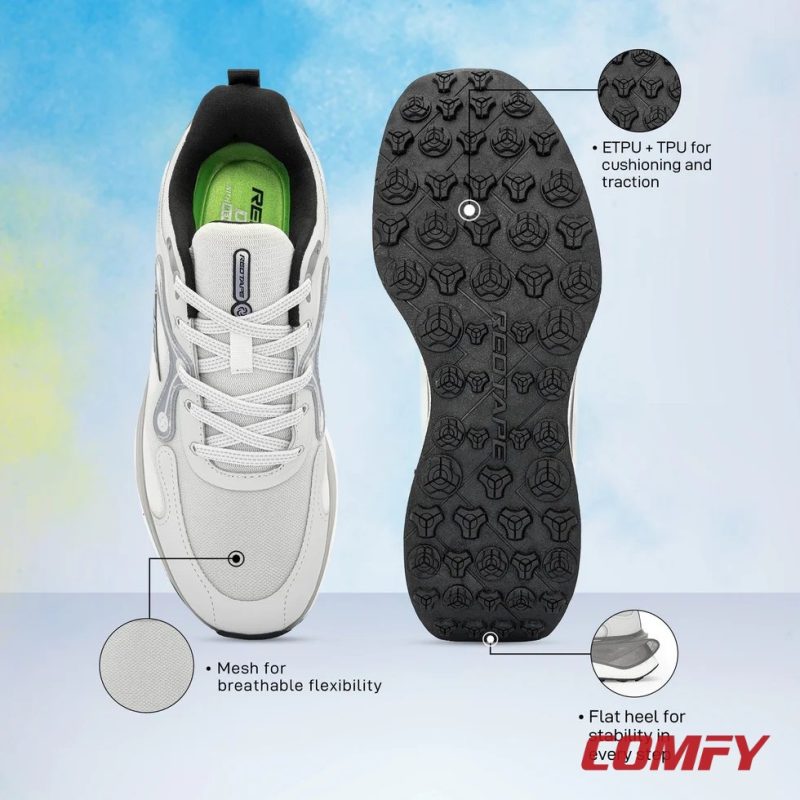 Feature infographic of grey Red Tape ETPU sneaker with memory foam drift specs.