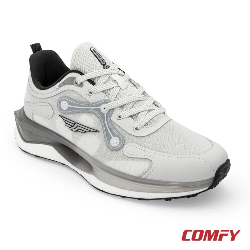 Perspective view of grey Red Tape ETPU sneaker with memory foam drift outsole.