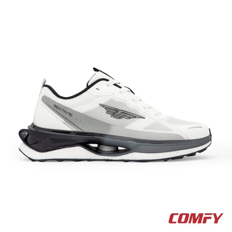 Lateral side profile of Red Tape white and grey running shoe.