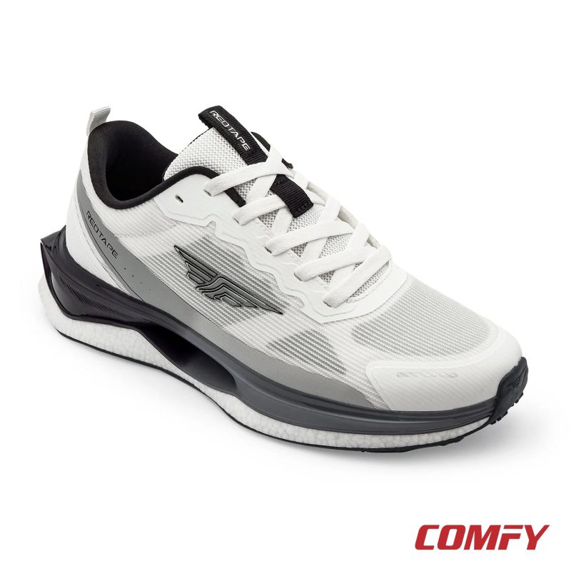 Angled view of Red Tape ETPU sports shoes in white and grey.