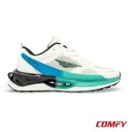 Lateral side profile of Red Tape AirFlex Pro white and aqua sports shoe.