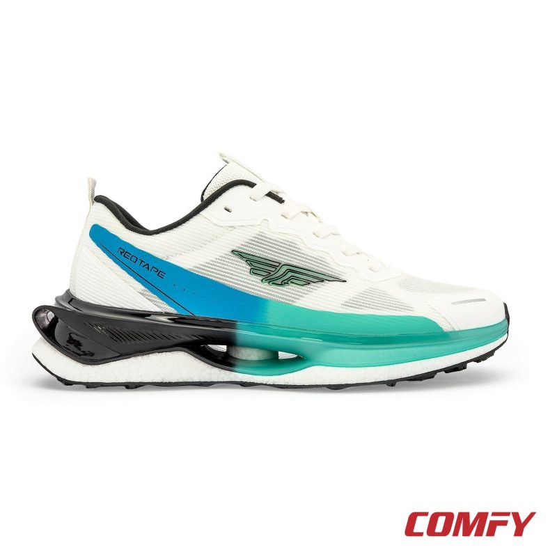 Lateral side profile of Red Tape AirFlex Pro white and aqua sports shoe.