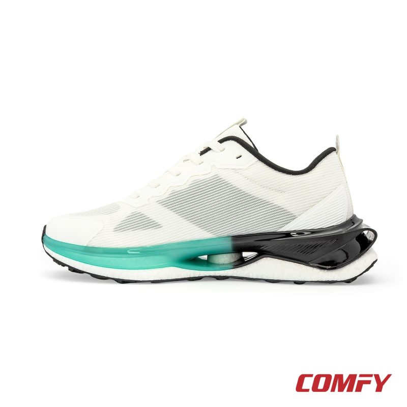 Medial side profile view of Red Tape white and aqua running shoe.