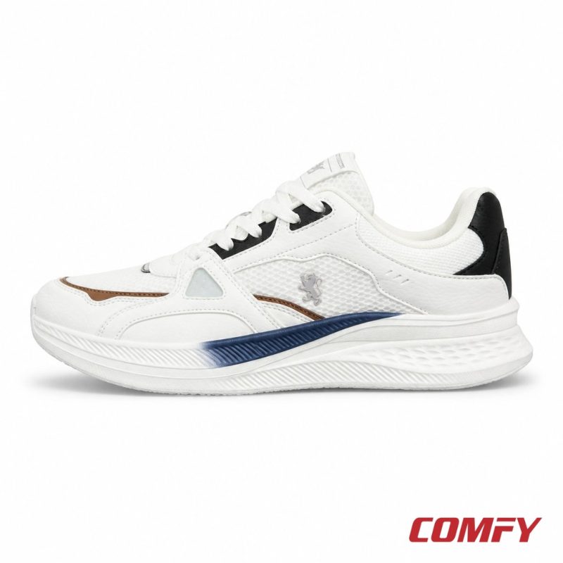 Side profile of Red Tape white sneaker with navy and brown detailing