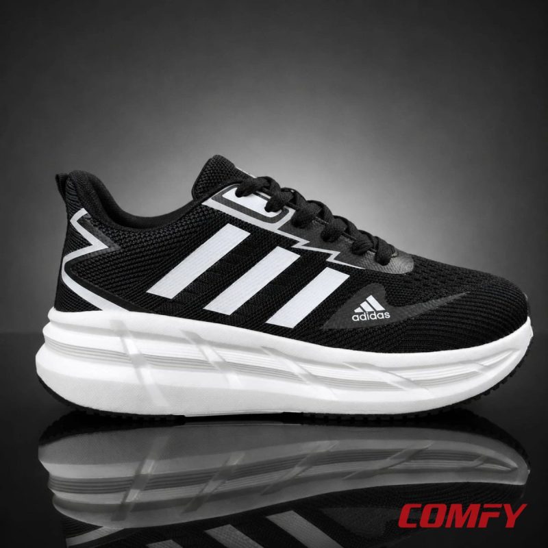 Black Adidas men's running shoe with white stripes and thick white cushioned sole.
