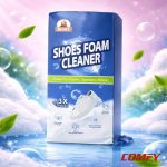 Blue packaging box of Biki 3X Power Shoes Foam Cleaner on a splashy water background.