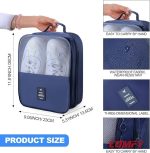 Blue travel shoe bag with size measurements and key features highlighted in detail panels.