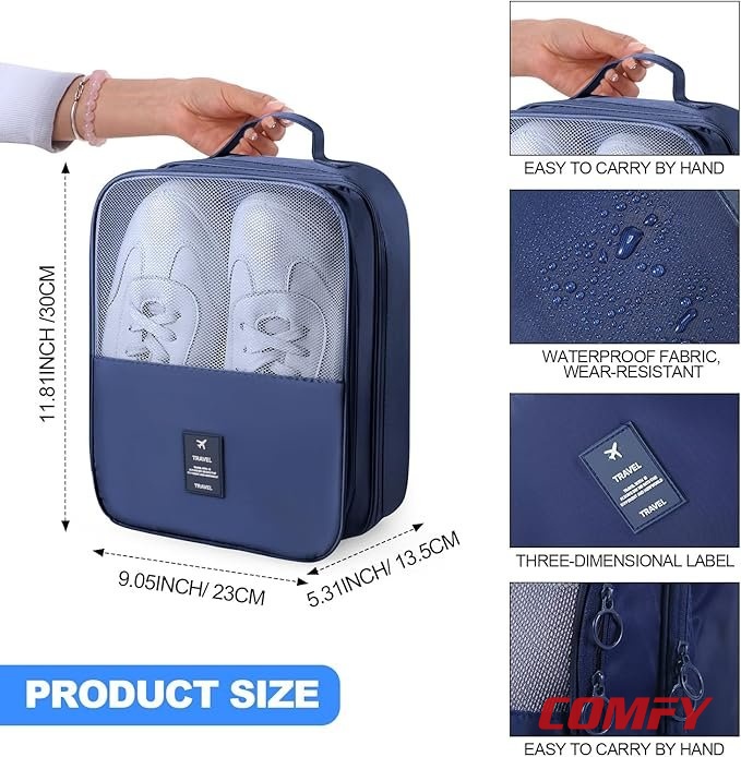 Blue travel shoe bag with size measurements and key features highlighted in detail panels.