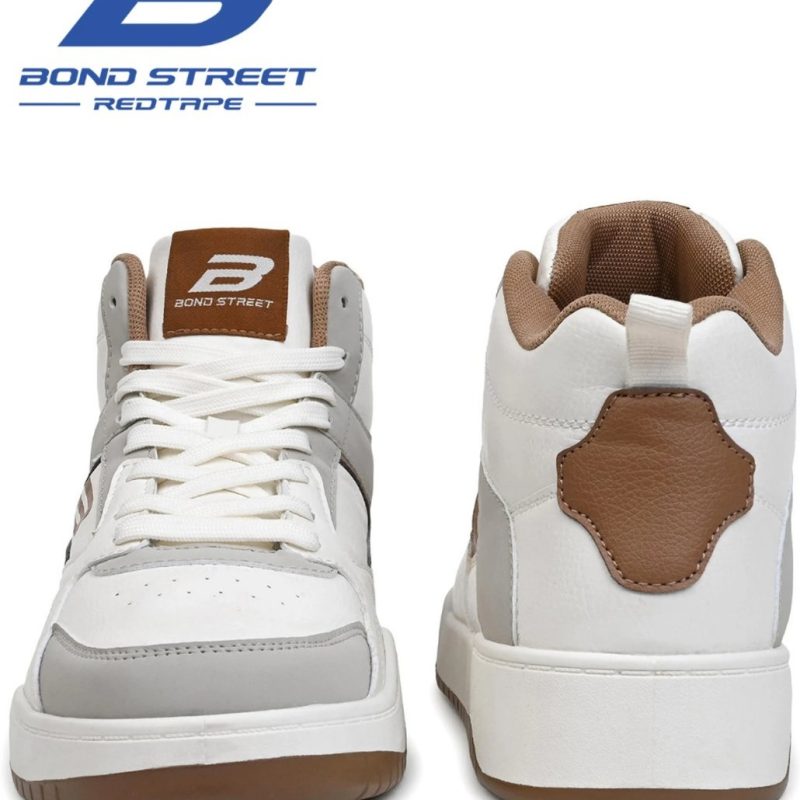 Front and back view of Bond Street by Red Tape men's casual high-top sneakers in white and grey.
