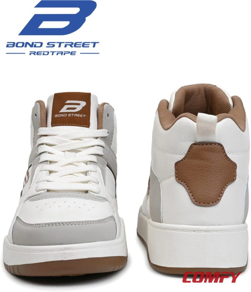 Front and back view of Bond Street by Red Tape men's casual high-top sneakers in white and grey.