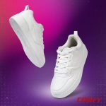 Levitating white Bond Street sneakers on a vibrant purple and pink gradient background.