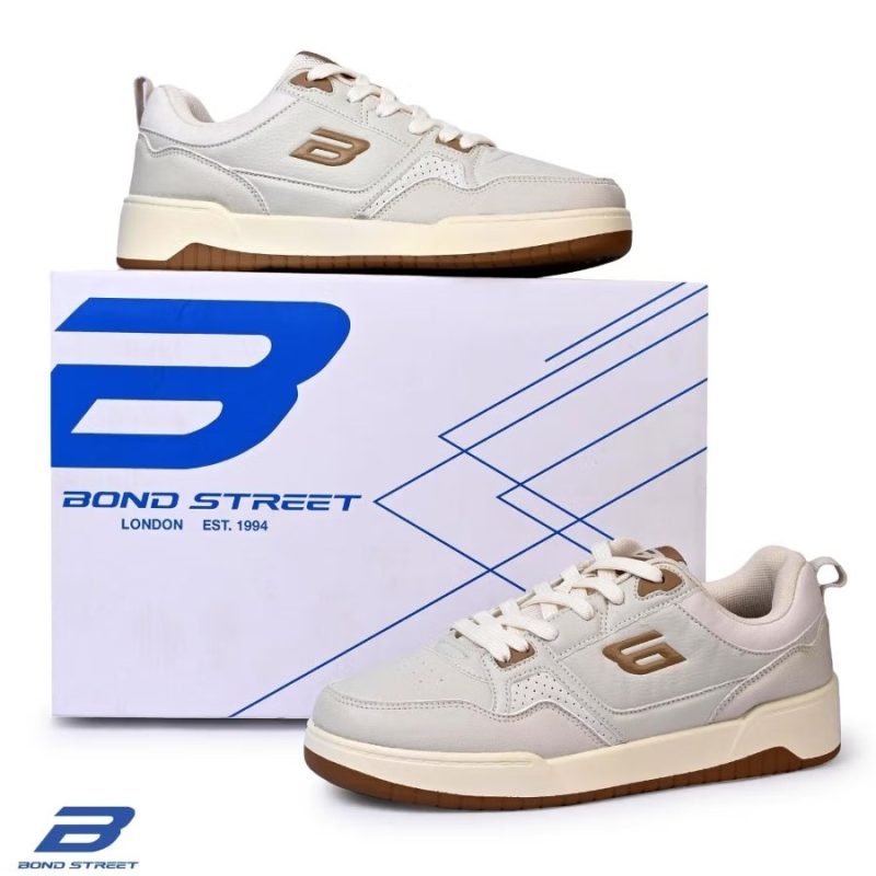 Bond Street men's beige sneakers shown with branded white and blue packaging box.