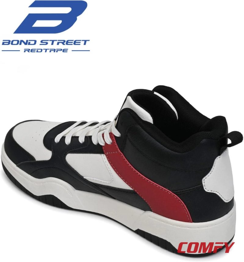 Heel and lateral view of Red Tape Bond Street sneaker showing red stripe and white midsole.