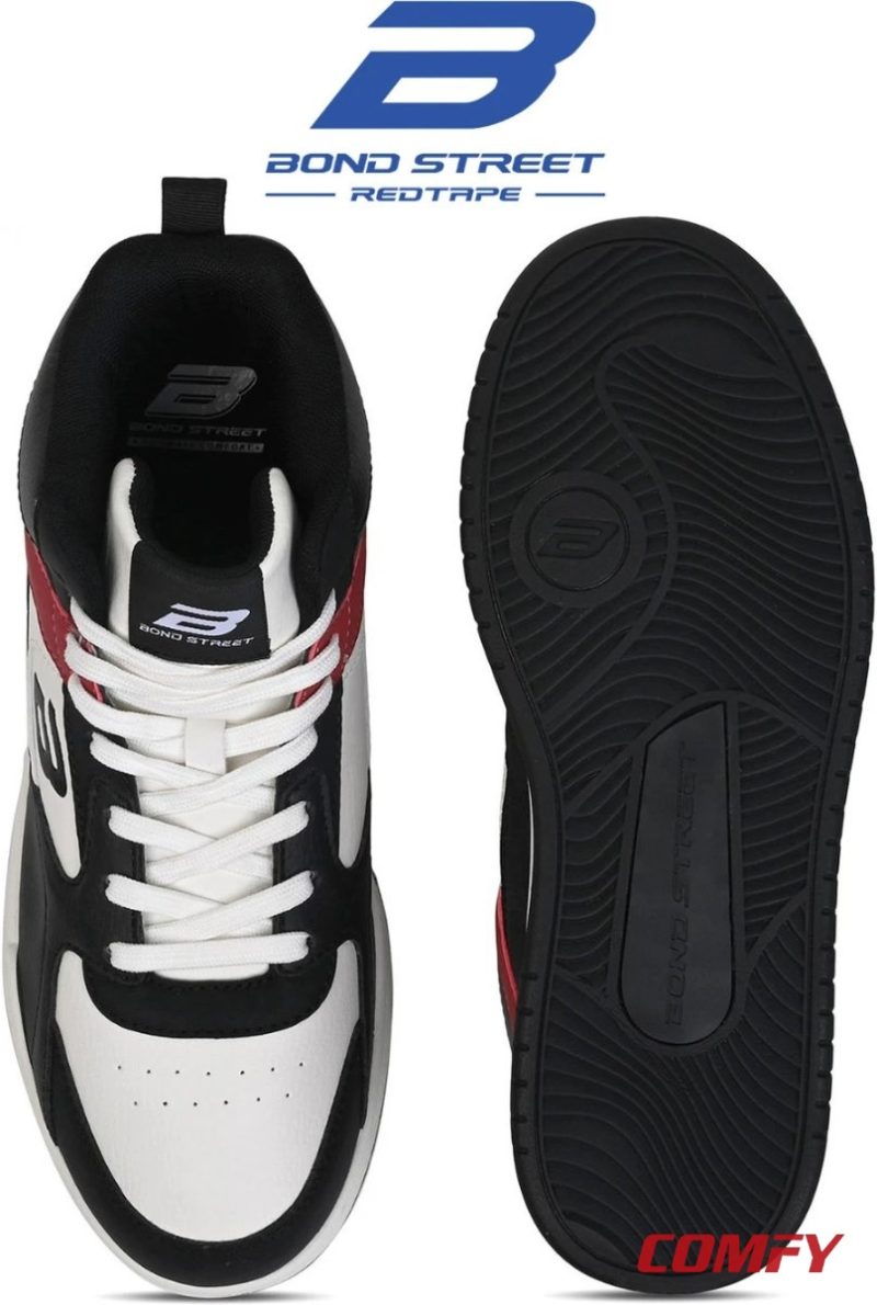 Top-down view of Bond Street by Red Tape men's casual sneakers highlighting laces and textured black outsole.