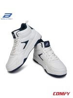 Two white and navy Bond Street sneakers angled on white.